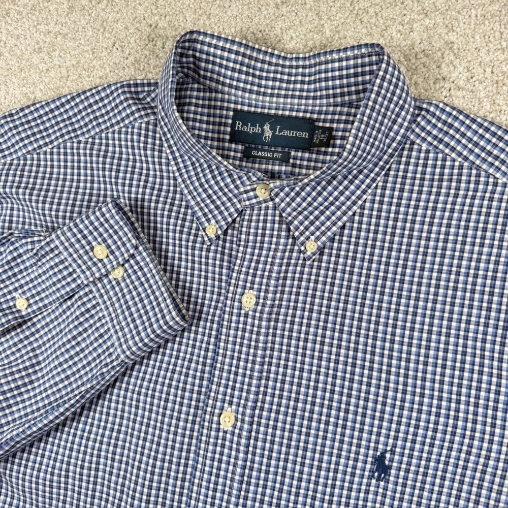 Ralph Lauren Button Down Mens 18‎ 36/37 Blue Gingham Classic Long Sleeve Shirt